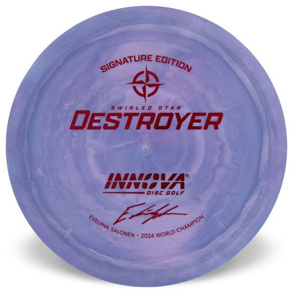 Innova Disc Golf Canada Eveliina Salonen 2024 World Champion Signature Edition Swirly Star Destroyer Innova Disc Golf Canada Star Destroyer Distance Driver Distance Driver Slick Finish Versatile Colors Great Durability and grip Overstable Impact Resistant Improved Glide Flexible in cooler conditions Great for distance and control Maintains stability over time Comfortable for grip