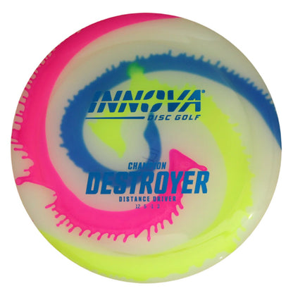 Innova Disc Golf Canada Champion I-
Dye Destroyer Distance Driver INNOVA DISC GOLF CANADA	Destroyer
Distance Driver	Slick Finish	Versatile Colors	Great Durability	Overstable	Impact Resistant	Improved Glide Flexible in cooler conditions	Great for distance and control	Maintains stability over time	Comfortable for grip

