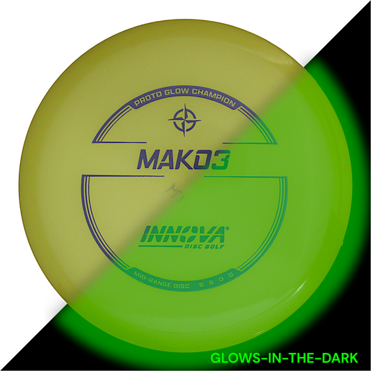 Innova Disc Golf Canada Proto Glow Champion Mako3 midrange Innova Disc Golf Canada Champion Mako3 Midrange	Flexible	Premium feel	Ideal for Controlled Shots	Straight Shooter	Reliable Fade	Great Glide No fade No turn Beginner Friendly
Glows in dark 