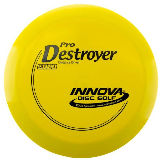 INNOVA DISC GOLF CANADA	Pro Destroyer
Distance Driver	Slick Finish	Versatile Colors	Good Durability	and grip Overstable	Impact Resistant	Improved Glide Flexible in cooler conditions	Great for distance and control	Maintains stability over time	Comfortable for grip lightweight

