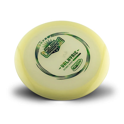 Innova Disc Golf Canada Champion Glow Valkyrie Distance Driver Grippy feel	Good durability	Flexible in cooler conditions	Great for distance and control	Maintains stability over time	Comfortable for grip Straight shots
