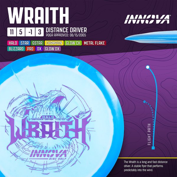 Innova Disc Golf Halo Star Wraith Distance Driver Overstable	Cold Reliable	Experienced Players	Headwind Use	durable plastic	 all Weather Consistent high glide forehand friendly good grip premium feel 
