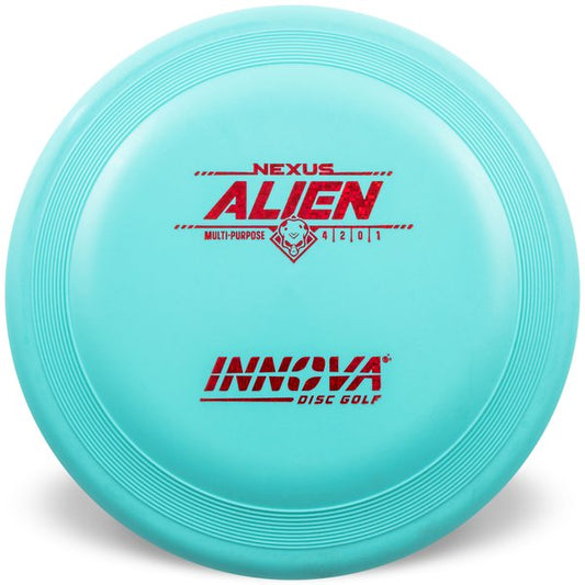 Innova Disc Golf Canada Nexus Alien INNOVA DISC GOLF CANADA
DX
PUTT AND APPROACH
STABLE PUTTER
BC ONTARIO
BASE 
SPIN PUTTS
ONE DISC ROUNDS
Grippy feel	Good durability	Flexible in cooler conditions	Great for distance and control	Maintains stability over time	Comfortable for grip
