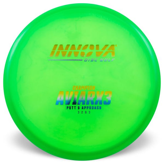 Innova Disc Golf Canada Champion AviarX3 Aviar X3 Innova Disc Golf Canada AviarX3 Putt & Approach Disc INNOVA DISC GOLF CANADA
PUTT AND APPROACH
STABLE PUTTER
BC ONTARIO
SPIN PUTTS
ONE DISC ROUNDS
Grippy feel	Great durability	Flexible in cooler conditions	Great for distance and control	Maintains stability over time	Comfortable for grip
