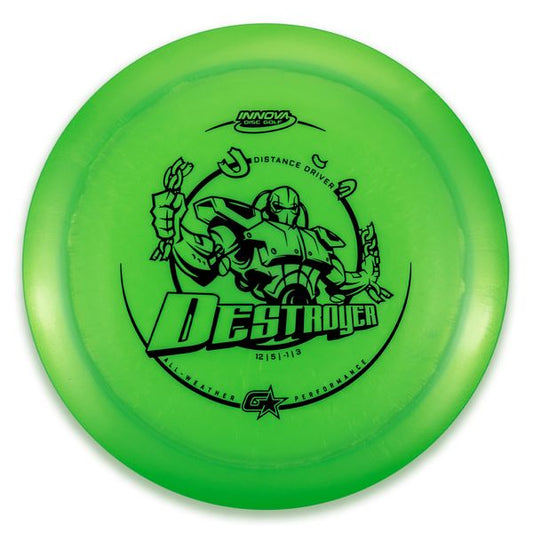 INNOVA DISC GOLF CANADA	Destroyer
Distance Driver	Slick Finish	Versatile Colors	Good Durability	and grip Overstable	Impact Resistant	Improved Glide Flexible in cooler conditions	Great for distance and control	Maintains stability over time	Comfortable for grip lightweight

