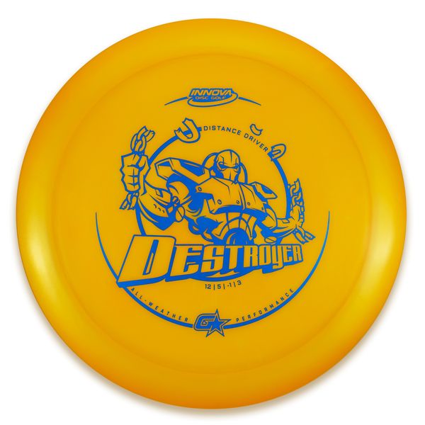 INNOVA DISC GOLF CANADA	Destroyer
Distance Driver	Slick Finish	Versatile Colors	Good Durability	and grip Overstable	Impact Resistant	Improved Glide Flexible in cooler conditions	Great for distance and control	Maintains stability over time	Comfortable for grip lightweight

