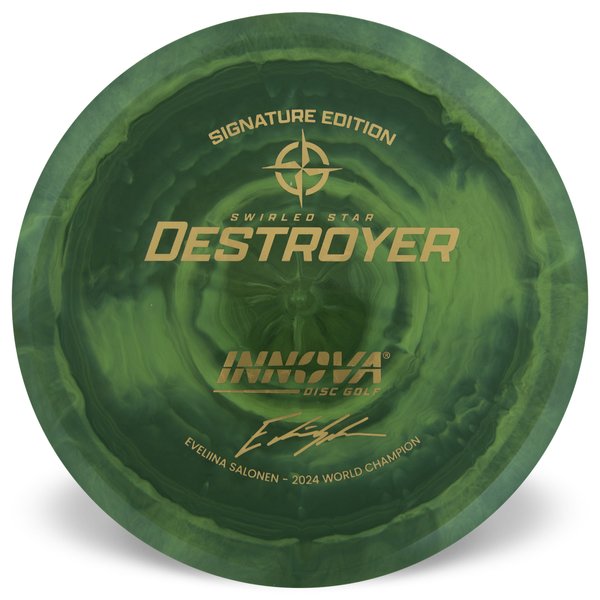 Innova Disc Golf Canada Eveliina Salonen 2024 World Champion Signature Edition Swirly Star Destroyer Innova Disc Golf Canada Star Destroyer Distance Driver Distance Driver	Slick Finish	Versatile Colors	Great Durability	and grip Overstable	Impact Resistant	Improved Glide Flexible in cooler conditions	Great for distance and control	Maintains stability over time	Comfortable for grip 

