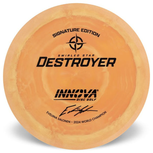 Innova Disc Golf Canada Eveliina Salonen 2024 World Champion Signature Edition Swirly Star Destroyer Innova Disc Golf Canada Star Destroyer Distance Driver Distance Driver	Slick Finish	Versatile Colors	Great Durability	and grip Overstable	Impact Resistant	Improved Glide Flexible in cooler conditions	Great for distance and control	Maintains stability over time	Comfortable for grip 

