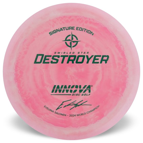 Innova Disc Golf Canada Eveliina Salonen 2024 World Champion Signature Edition Swirly Star Destroyer Innova Disc Golf Canada Star Destroyer Distance Driver Distance Driver	Slick Finish	Versatile Colors	Great Durability	and grip Overstable	Impact Resistant	Improved Glide Flexible in cooler conditions	Great for distance and control	Maintains stability over time	Comfortable for grip 

