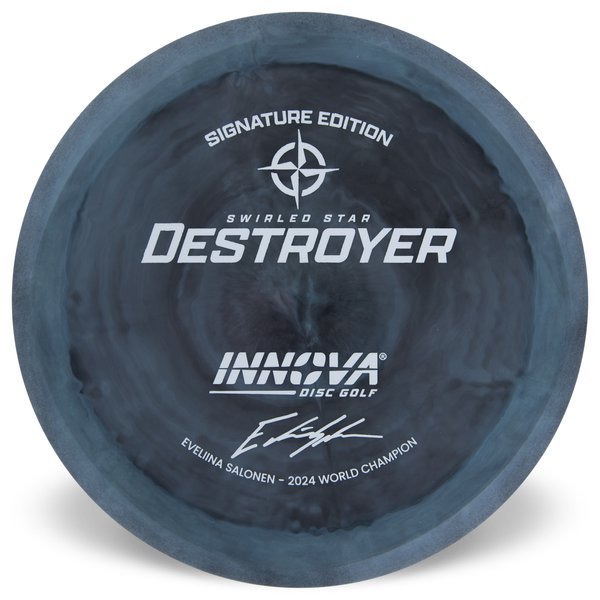 Innova Disc Golf Canada Eveliina Salonen 2024 World Champion Signature Edition Swirly Star Destroyer Innova Disc Golf Canada Star Destroyer Distance Driver Distance Driver	Slick Finish	Versatile Colors	Great Durability	and grip Overstable	Impact Resistant	Improved Glide Flexible in cooler conditions	Great for distance and control	Maintains stability over time	Comfortable for grip 

