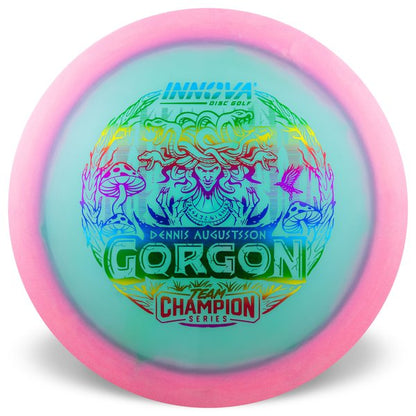 Gorgon Proto Glow Halo Champion (Dennis Augustsson 2025 Tour Series) Gorgon	Distance Driver	 Quality	grip 	High Speed	Long Distance	Ideal for Power Throws	Reliable Fade high glide grippy durable
Glows in dark