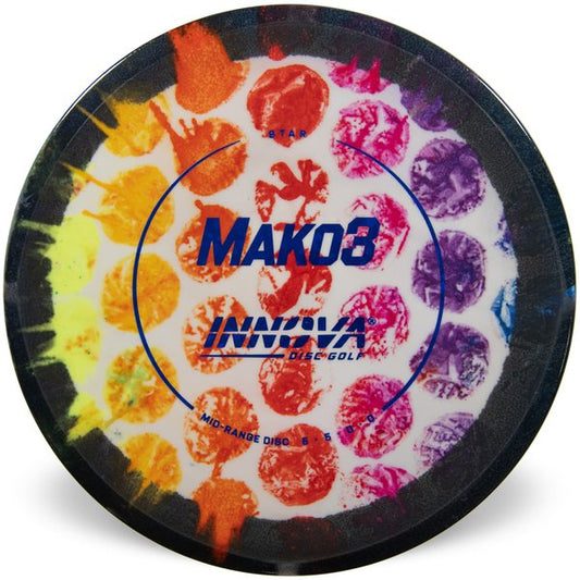 Innova Disc Golf Canada Star I-Dye Mako3 Mid-Range  Innova Disc Golf Canada Champion Mako3 Midrange	Flexible	Premium feel	Ideal for Controlled Shots	Straight Shooter	Reliable Fade	Great Glide No fade No turn Beginner Friendly
Glows in dark 