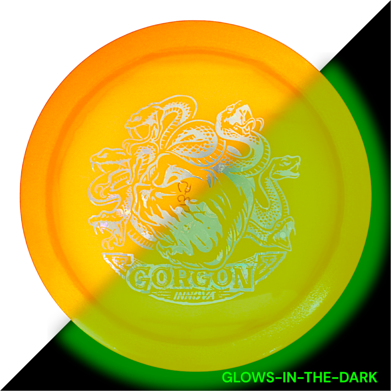 INNOVA DISC GOLF CANADA 	Gorgon	Distance Driver	 Quality	grip 	High Speed	Long Distance	Ideal for Power Throws	Reliable Fade high glide grippy durable
Glows in dark