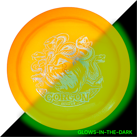 INNOVA DISC GOLF CANADA 	Gorgon	Distance Driver	 Quality	grip 	High Speed	Long Distance	Ideal for Power Throws	Reliable Fade high glide grippy durable
Glows in dark